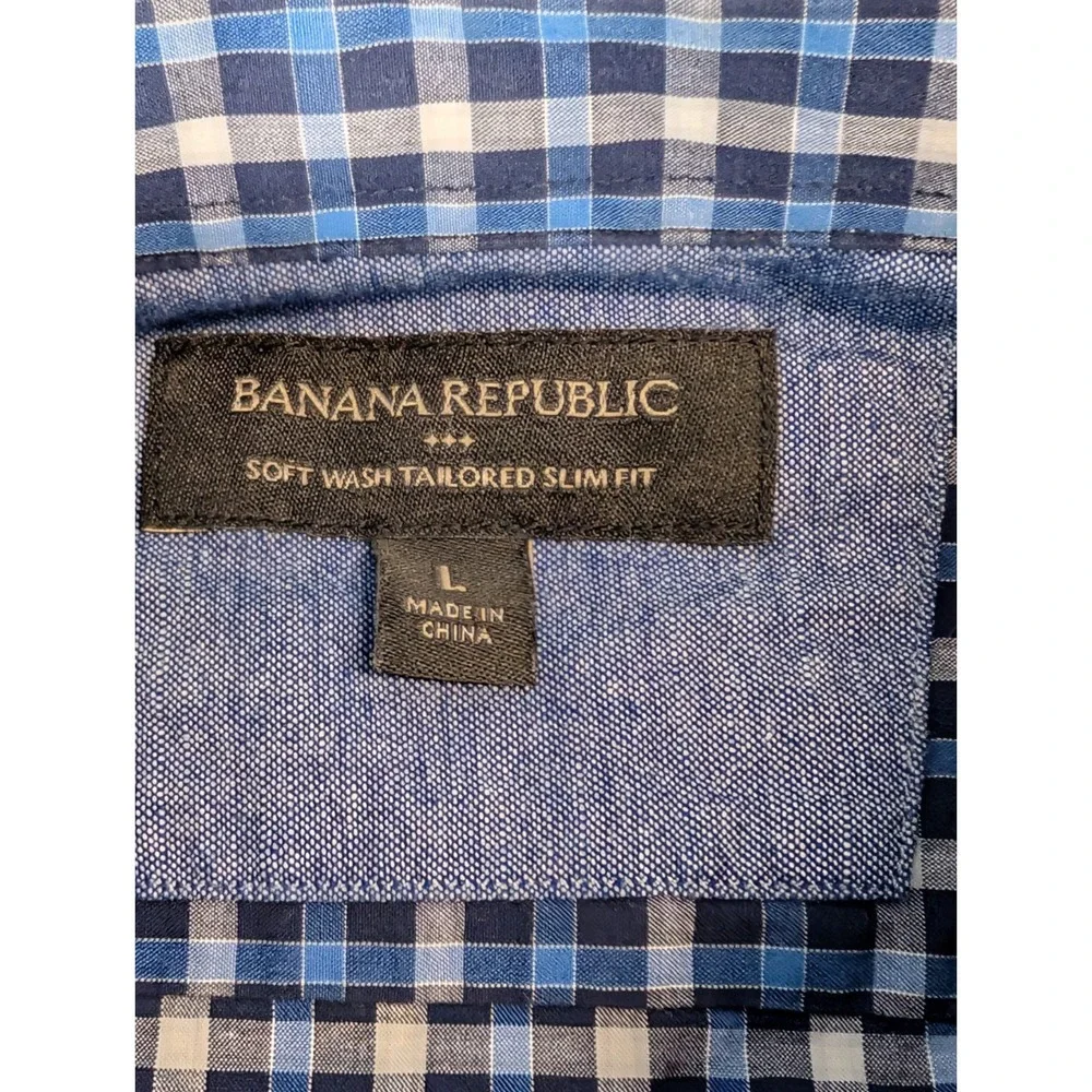 Banana Republic Men's L Soft Wash Tailored Slim Fit Shirt Blue Plaid Long Sleeve